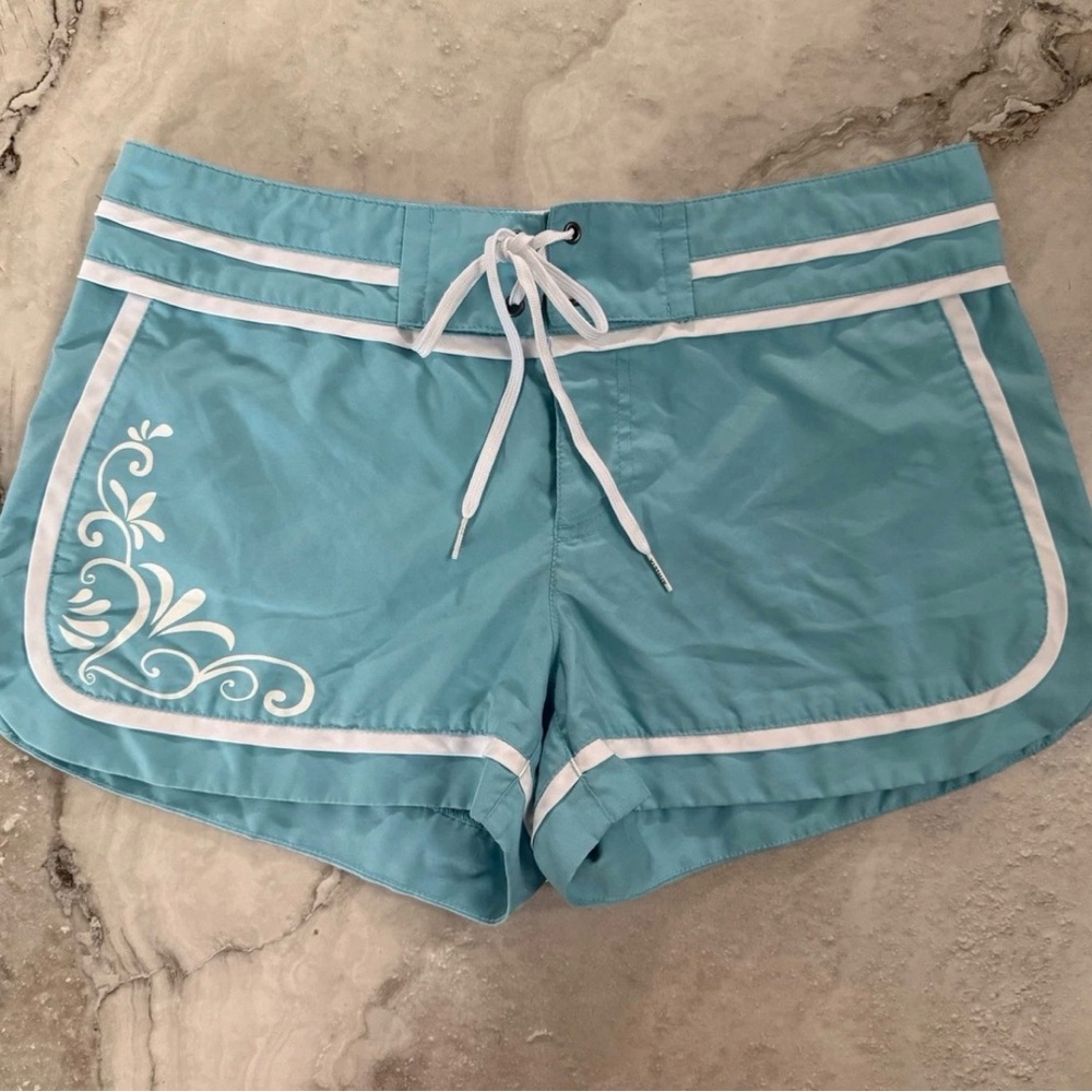 Bl Athleta Board Shorts Womens 8 Teal White Floral Swim Trunks Drawstring Pocket